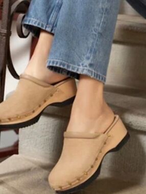 Women's Tan Suede Clog Mules with Stud Accents